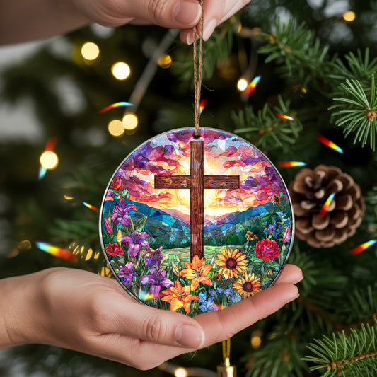 Stained Glass Cross Holographic Christmas Ornament | Symbol of Hope & New Life | Religious Christian Keepsake