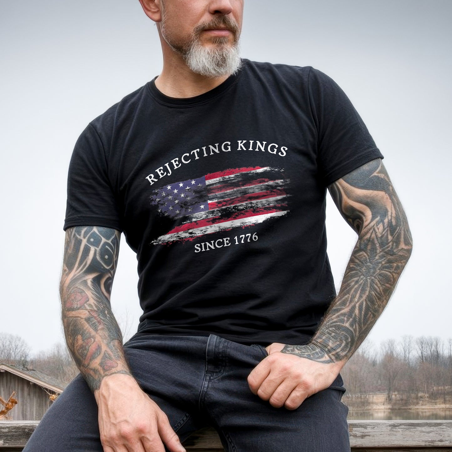 Rejecting Kings Since 1776 Distressed American Flag T-Shirt