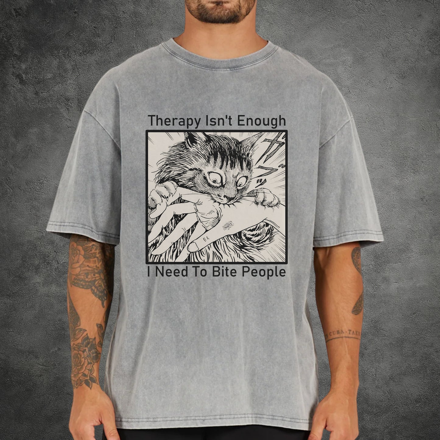 Therapy Isn't Enough I Need To Bite People Unisex Vintage Washed T-Shirt - Dark Humor Mental Health Declaration
