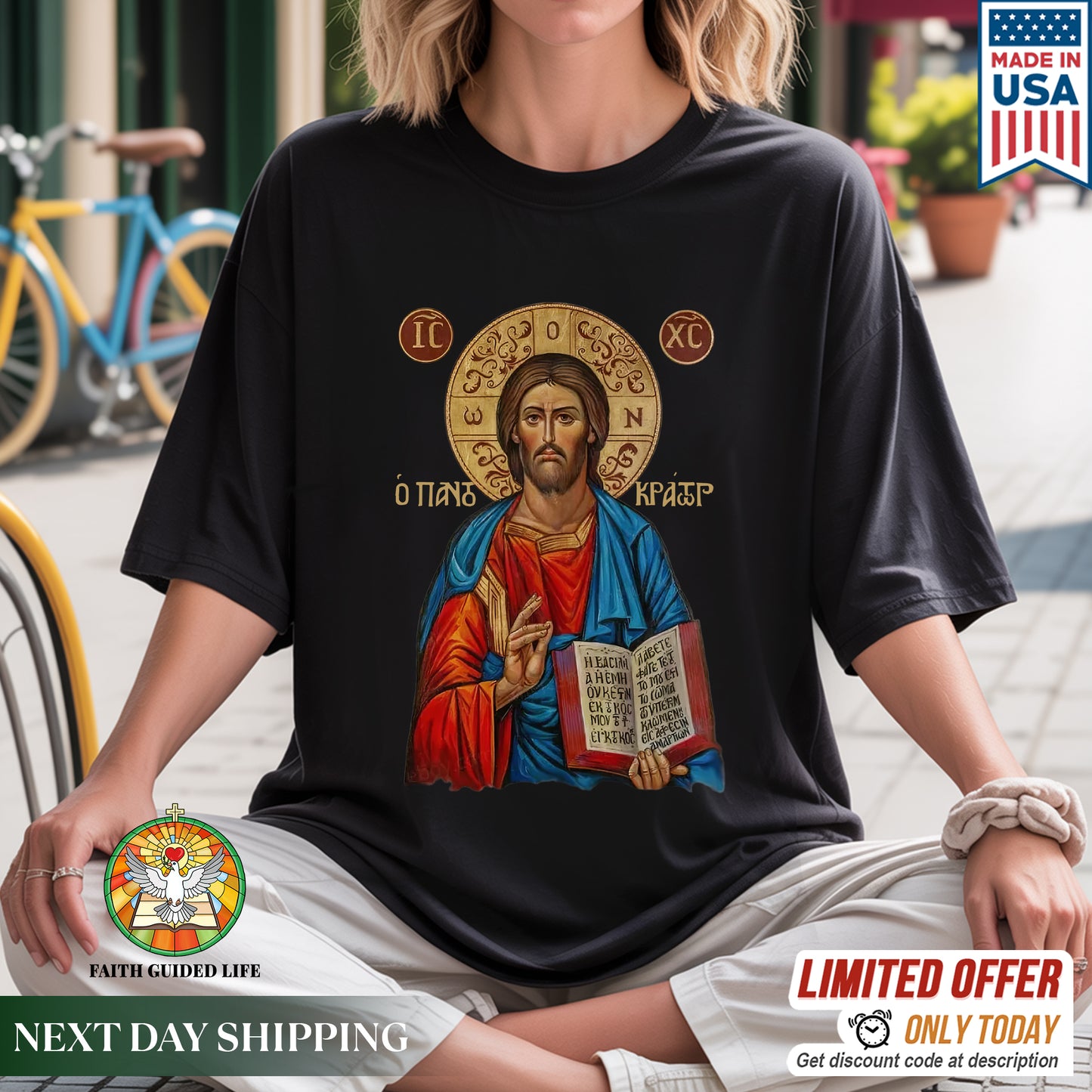Orthodox Jesus Christ Cyrillic Icon T-Shirt - Russian Slavonic Traditional Sacred Art