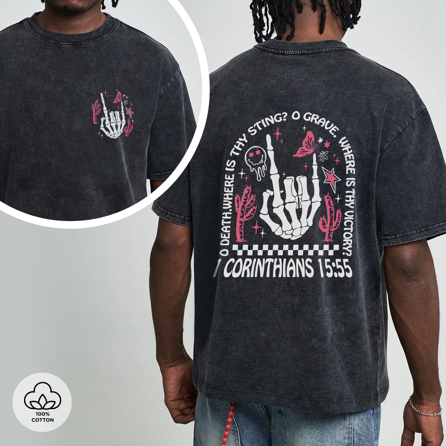 Where Is Thy Sting O Grave Christian Victory Washed 100% Cotton Two Sides T-Shirt 1 Corinthians 15:55 Faith Tee