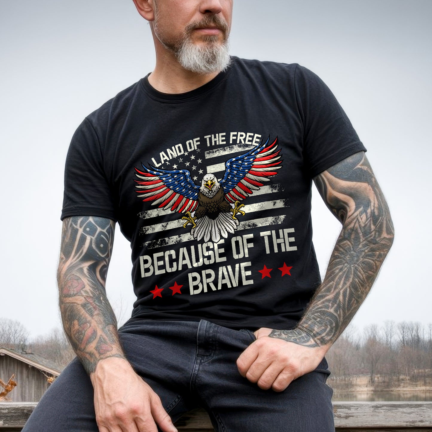 Land of the Free Because of the Brave Patriotic USA Eagle Tshirt