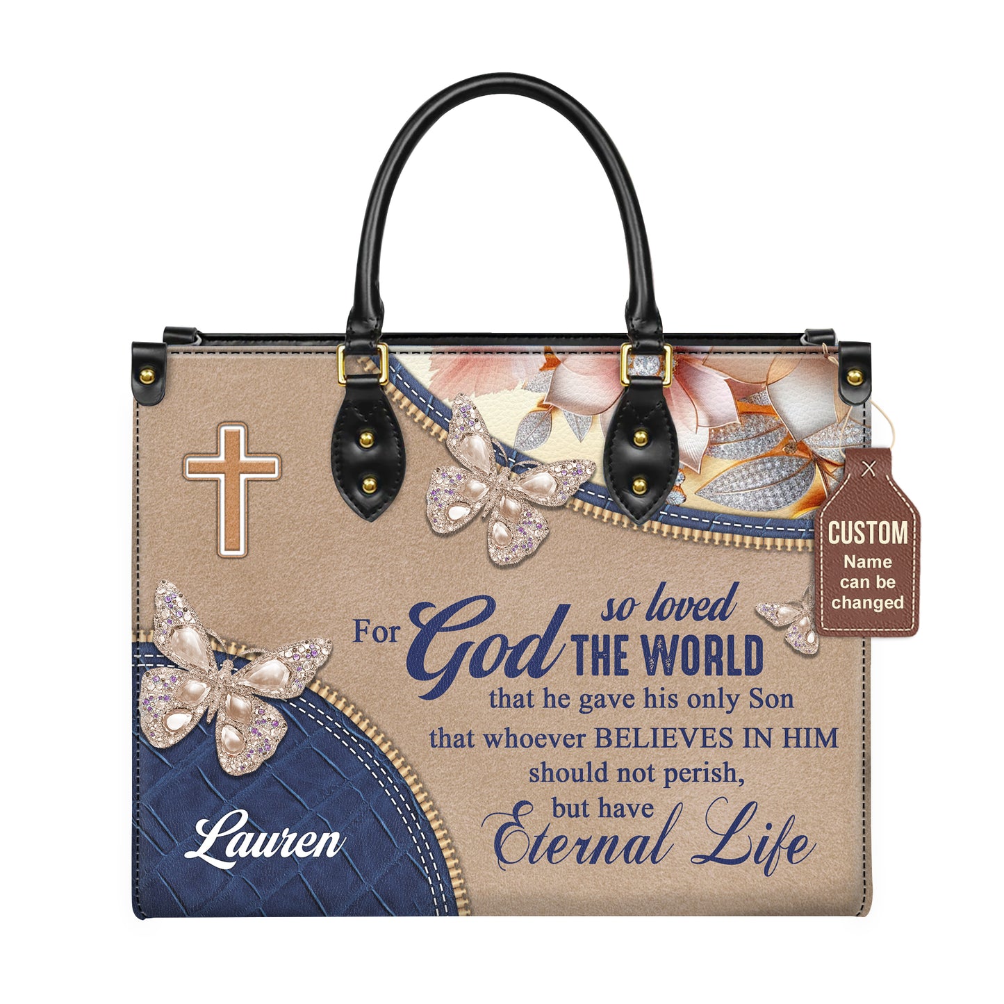 John 3:16 For God So Loved The World Eternal Life Personalized Christian Faith Leather Handbag