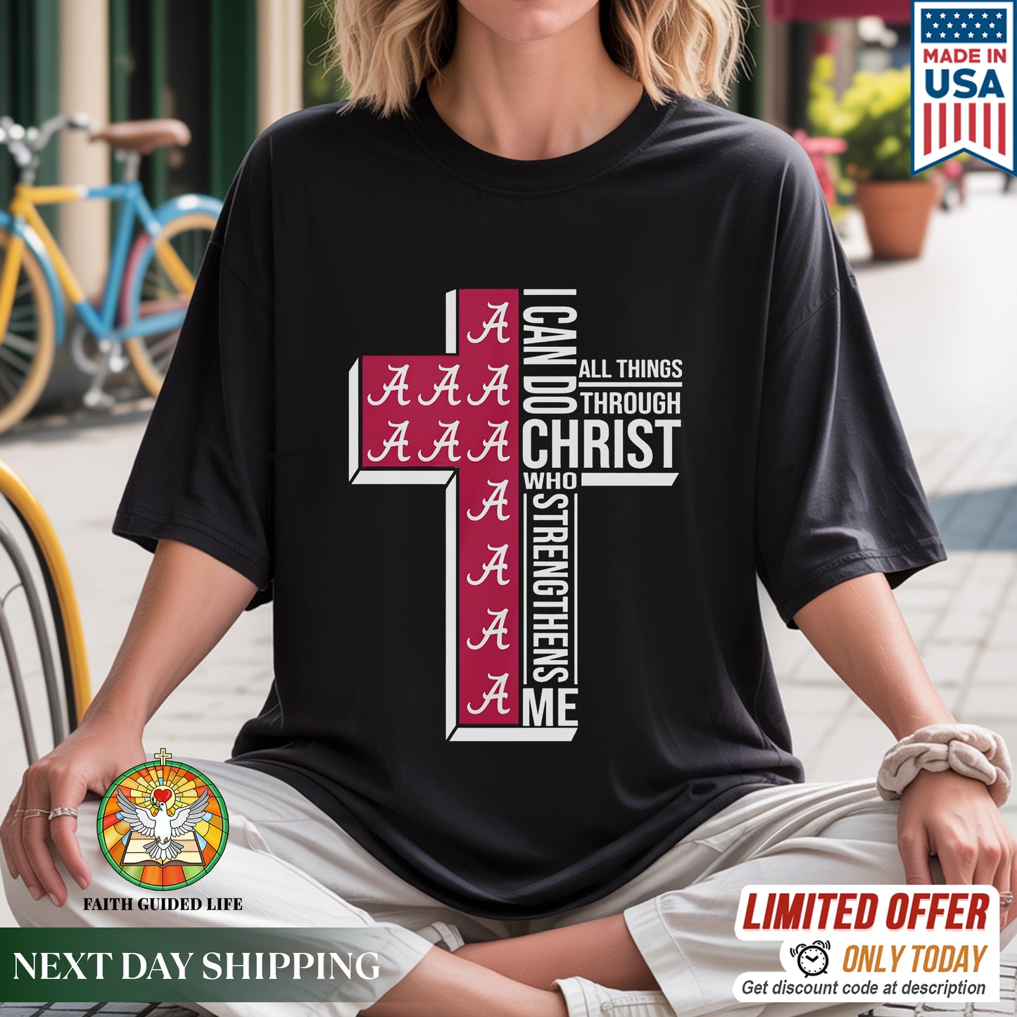 Alabama Cross I Can Do All Things Through Christ T-Shirt - Crimson Tide Faith Declaration