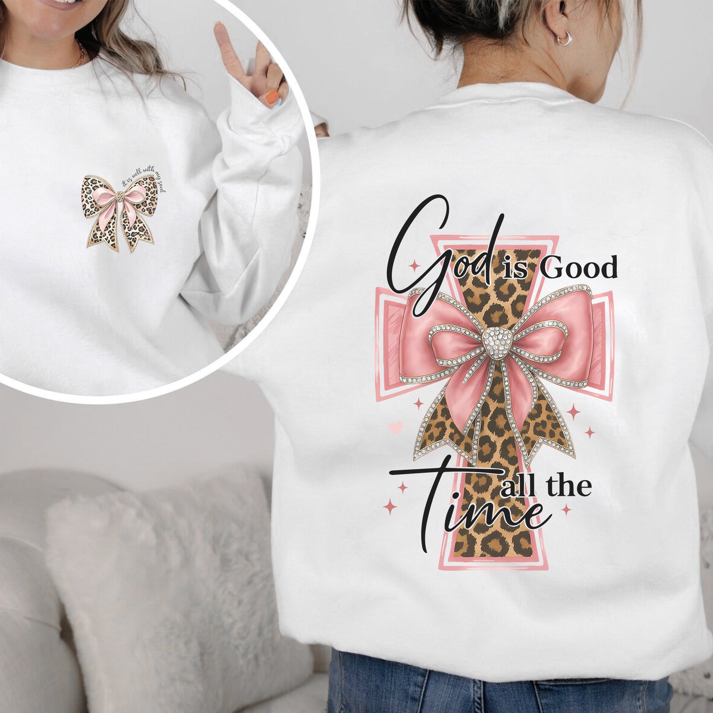 God is Good all the Time" Leopard Cross Bow Christian T-Shirt Two Sides | Faith Guided Life Apparel