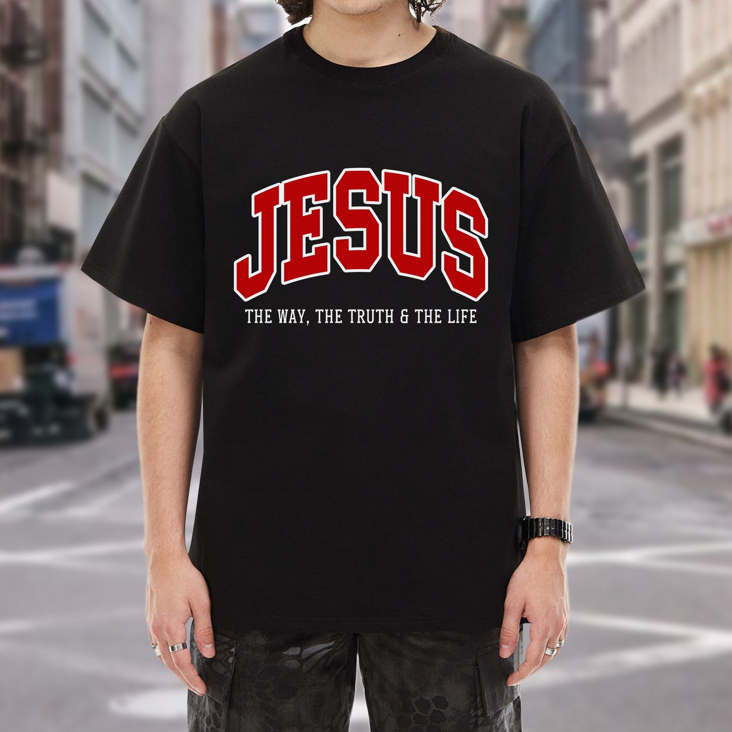 "Jesus The Way The Truth The Life" Unisex Varsity Style Christian T-Shirt | John 14:6 Bold Declaration Tee | Faith Guided Life Apparel