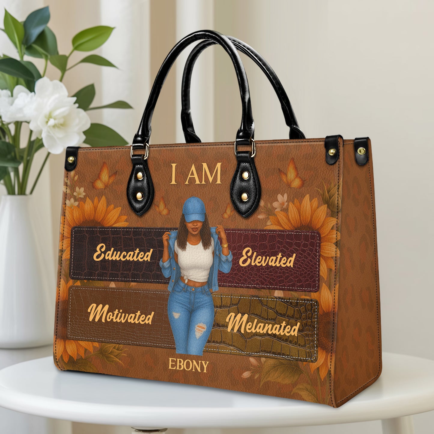 I Am Educated Elevated Motivated Melanated Black Excellence Personalized Leather Handbag