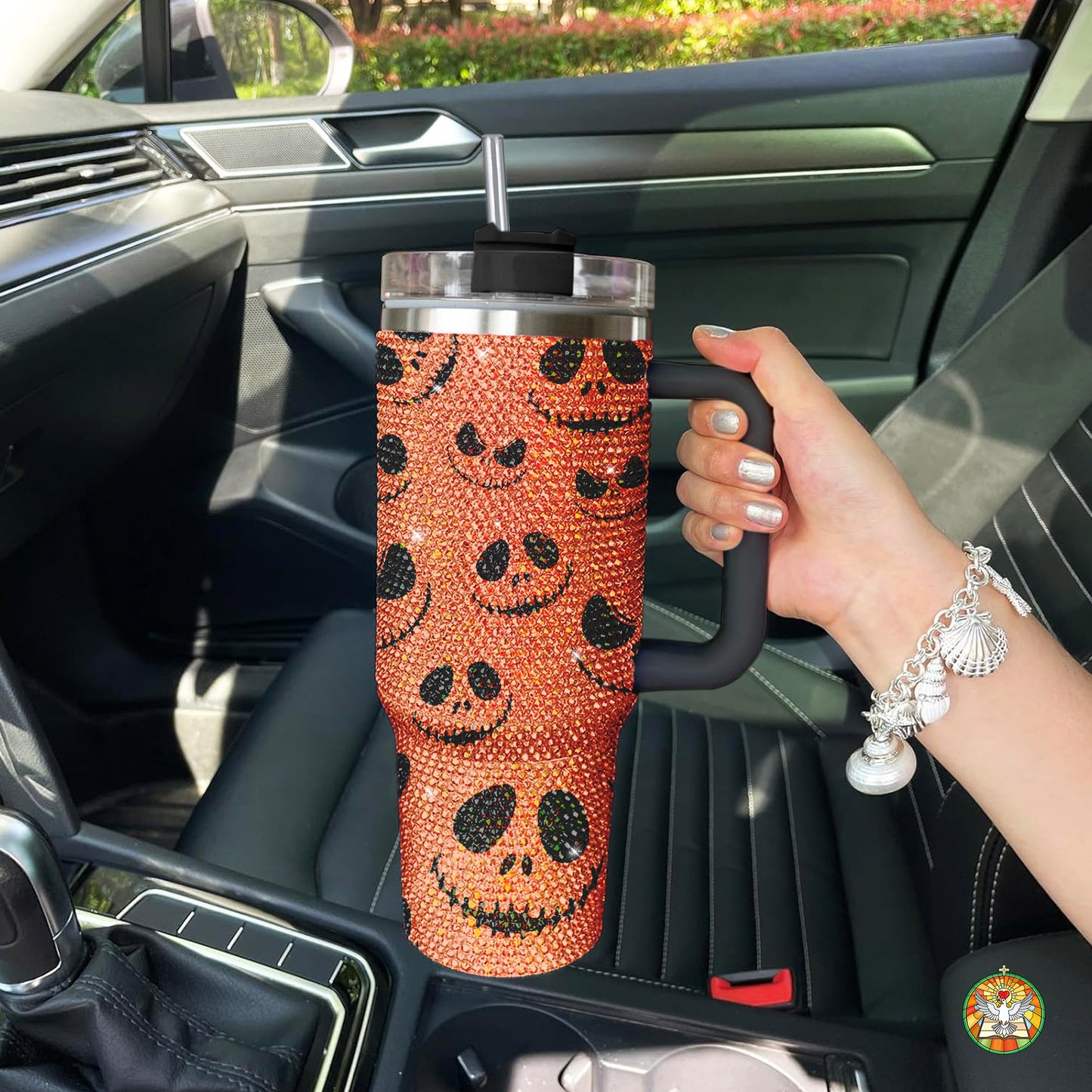 Pumpkin Halloween Bling Diamond Tumbler 40oz - Sparkling Spooky Rhinestone Cup