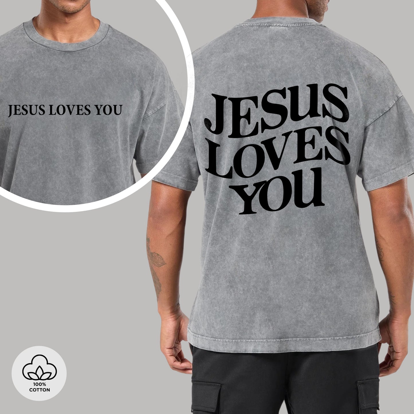 "Jesus Loves You" Unisex Vintage Washed Christian T-Shirt Two Sides | John 15:13 Personal Love Declaration Tee | Faith Guided Life Apparel