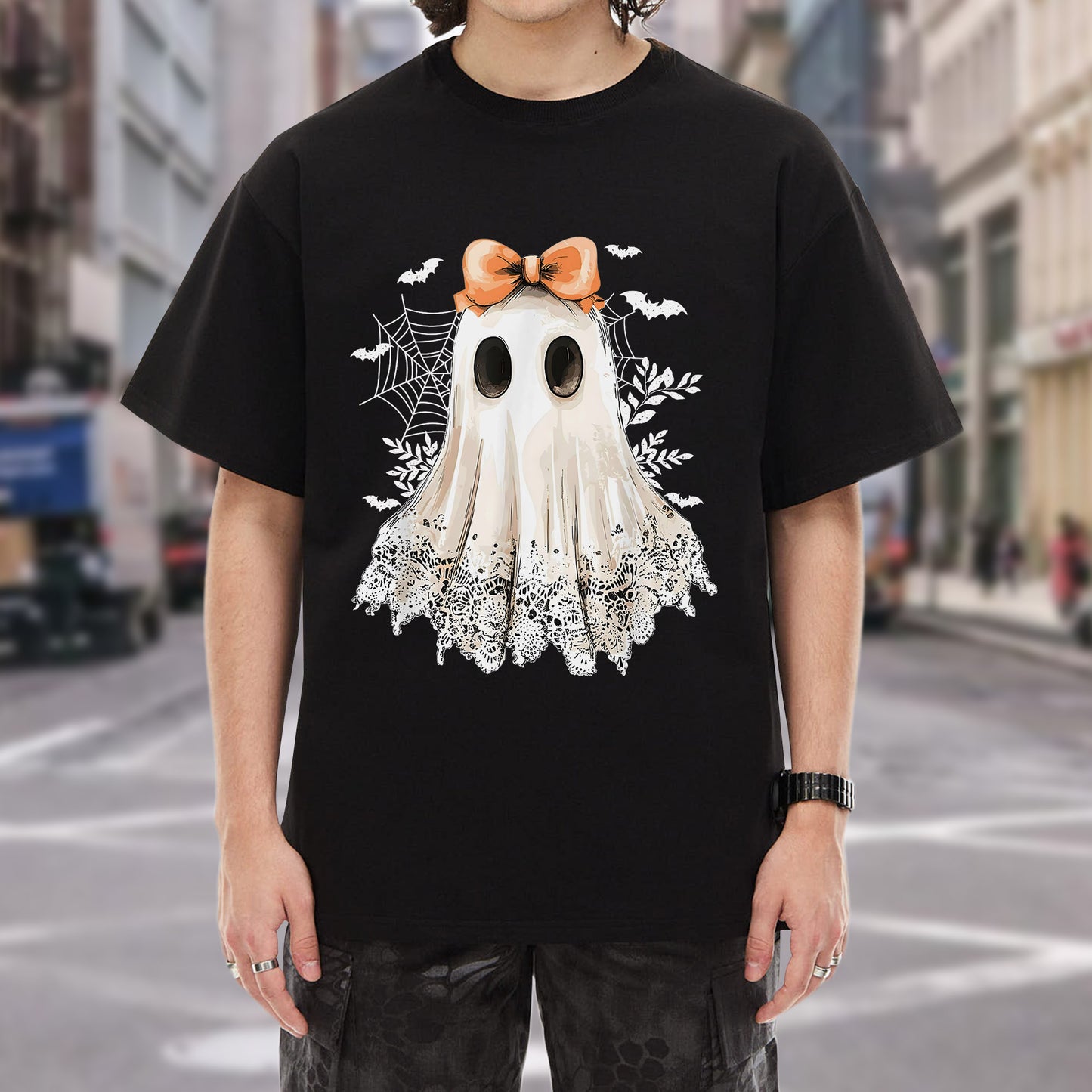 Cute Halloween Ghost with Bow T-Shirt - Adorable Spooky Spirit