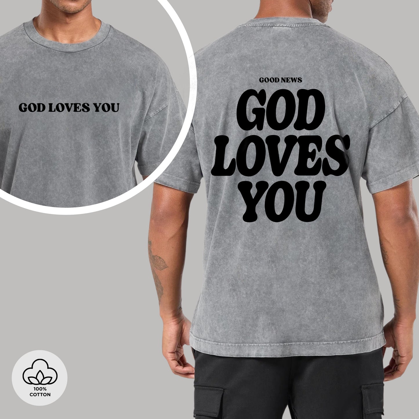 "God Loves You" Unisex Vintage Washed Christian T-Shirt Two Sides | John 3:16 Good News Declaration Tee | Faith Guided Life Apparel