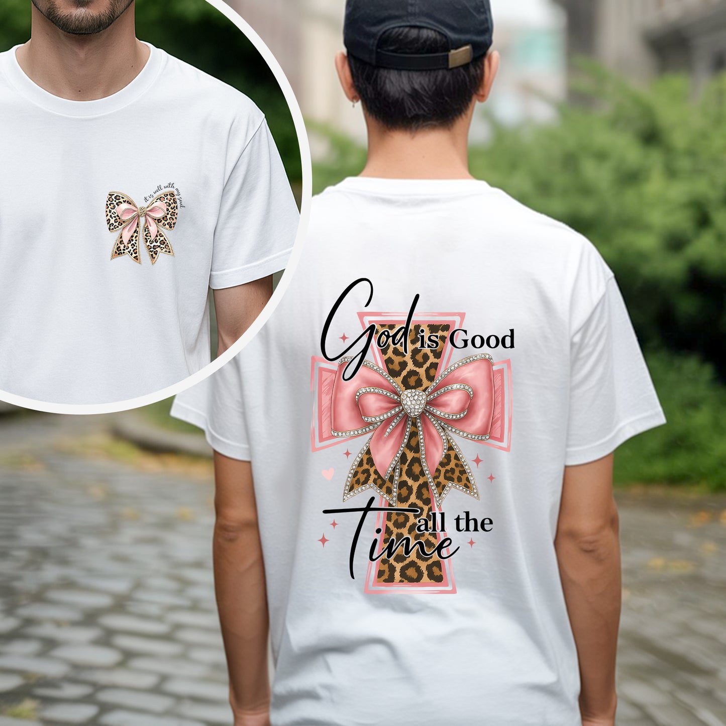 God is Good all the Time" Leopard Cross Bow Christian T-Shirt Two Sides | Faith Guided Life Apparel