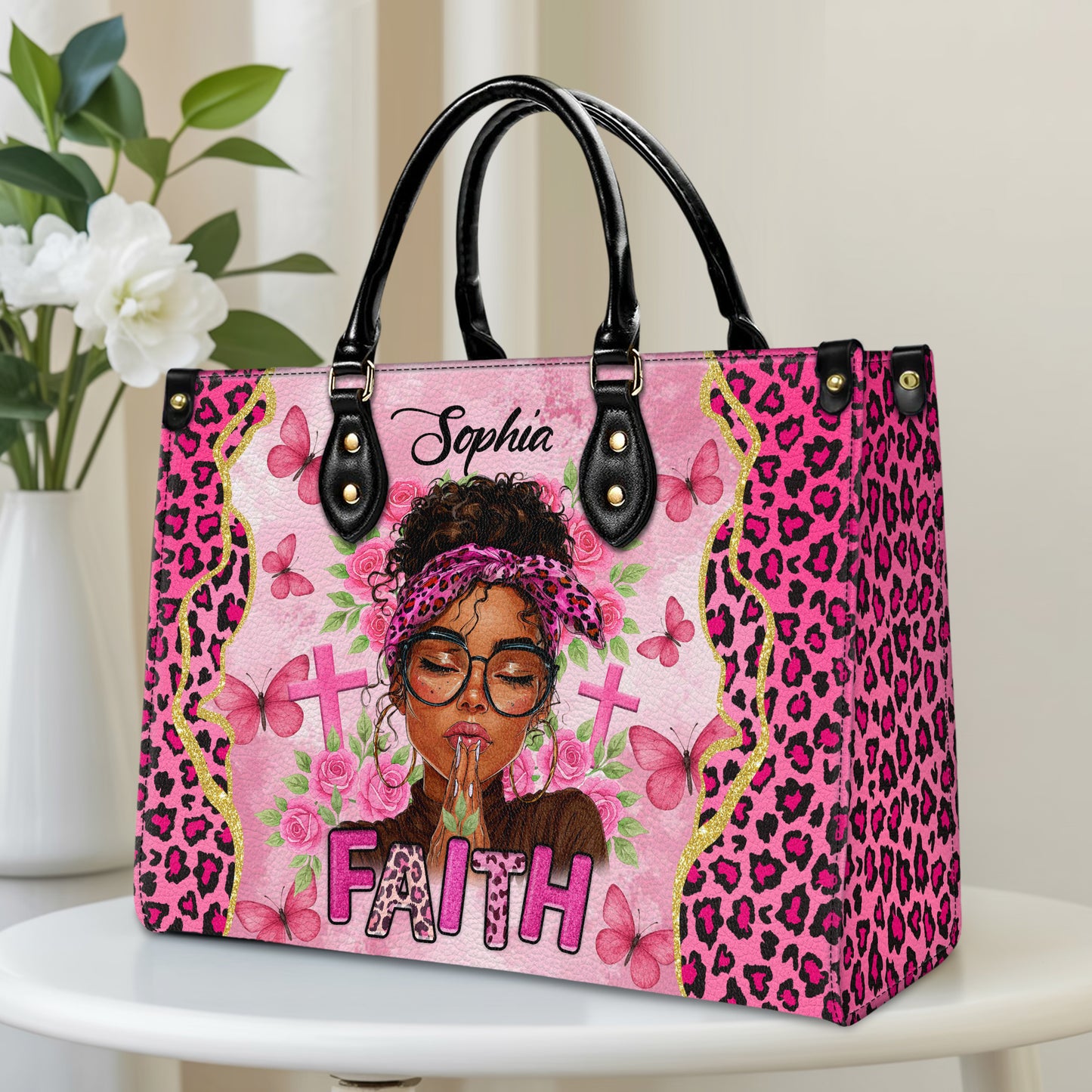 Faith Prayer Pink Leopard Christian Personalized Leather Handbag