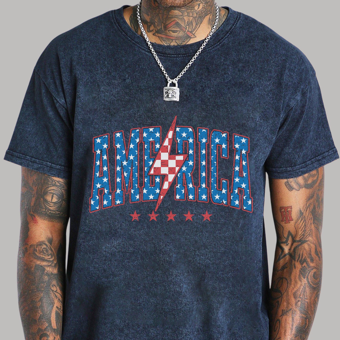 "America Lightning Bolt" Unisex Vintage Washed Cotton T-Shirt | Stars & Stripes Patriotic Tee | Faith Guided Life Apparel