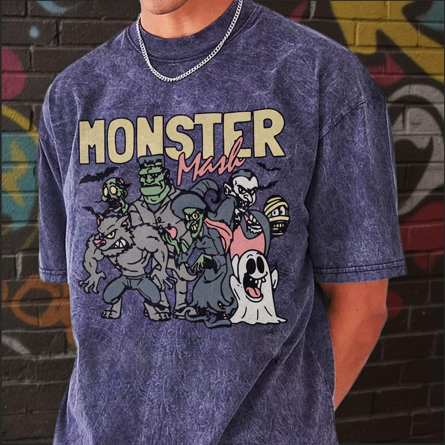 Monster Mash Vintage Washed 100% Cotton Halloween T-Shirt Classic Horror Characters Retro Tee