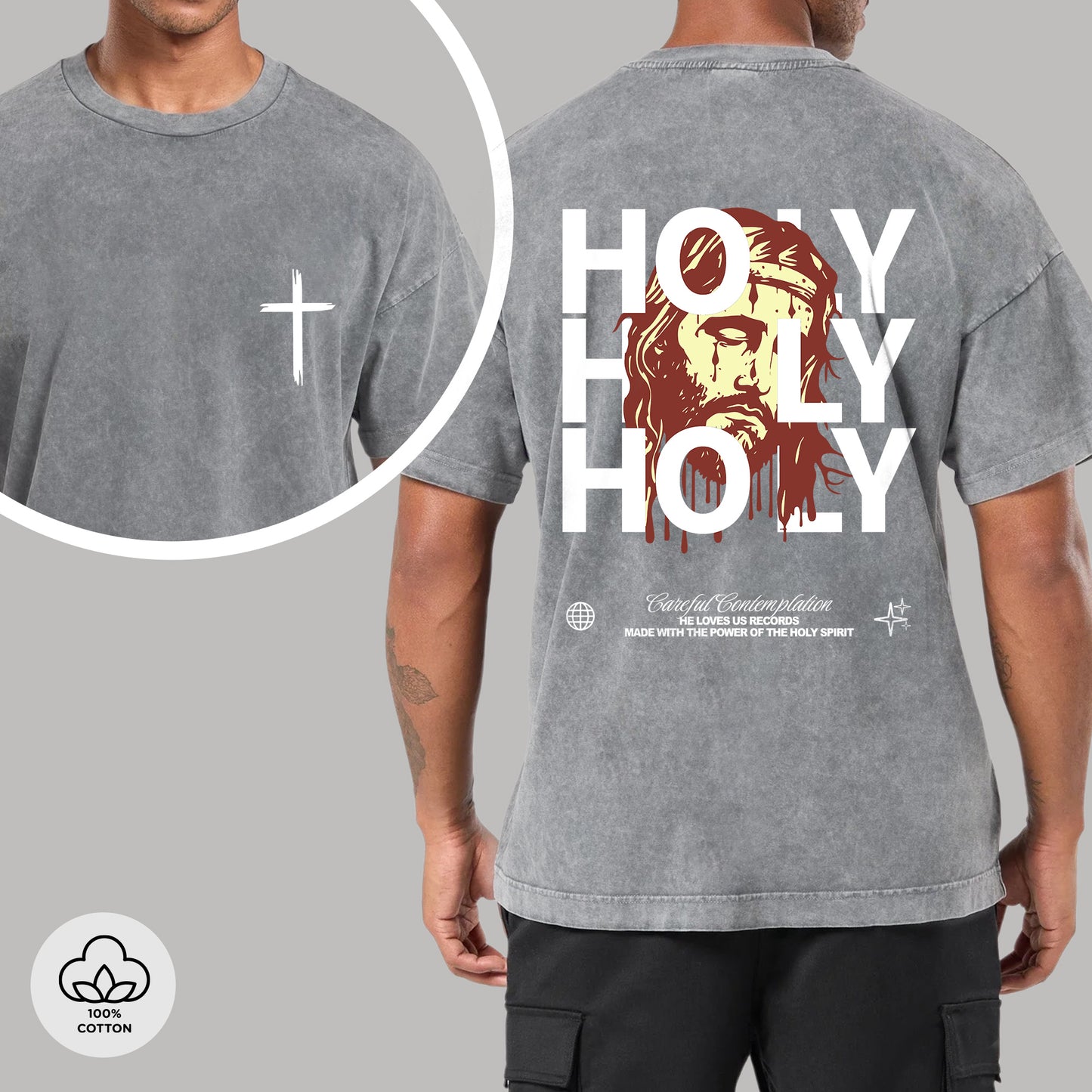 "Holy Holy Holy" Unisex Mineral Wash Christian T-Shirt Two Sides | Isaiah 6:3 Vintage Washed Cotton Tee | Faith Guided Life Apparel