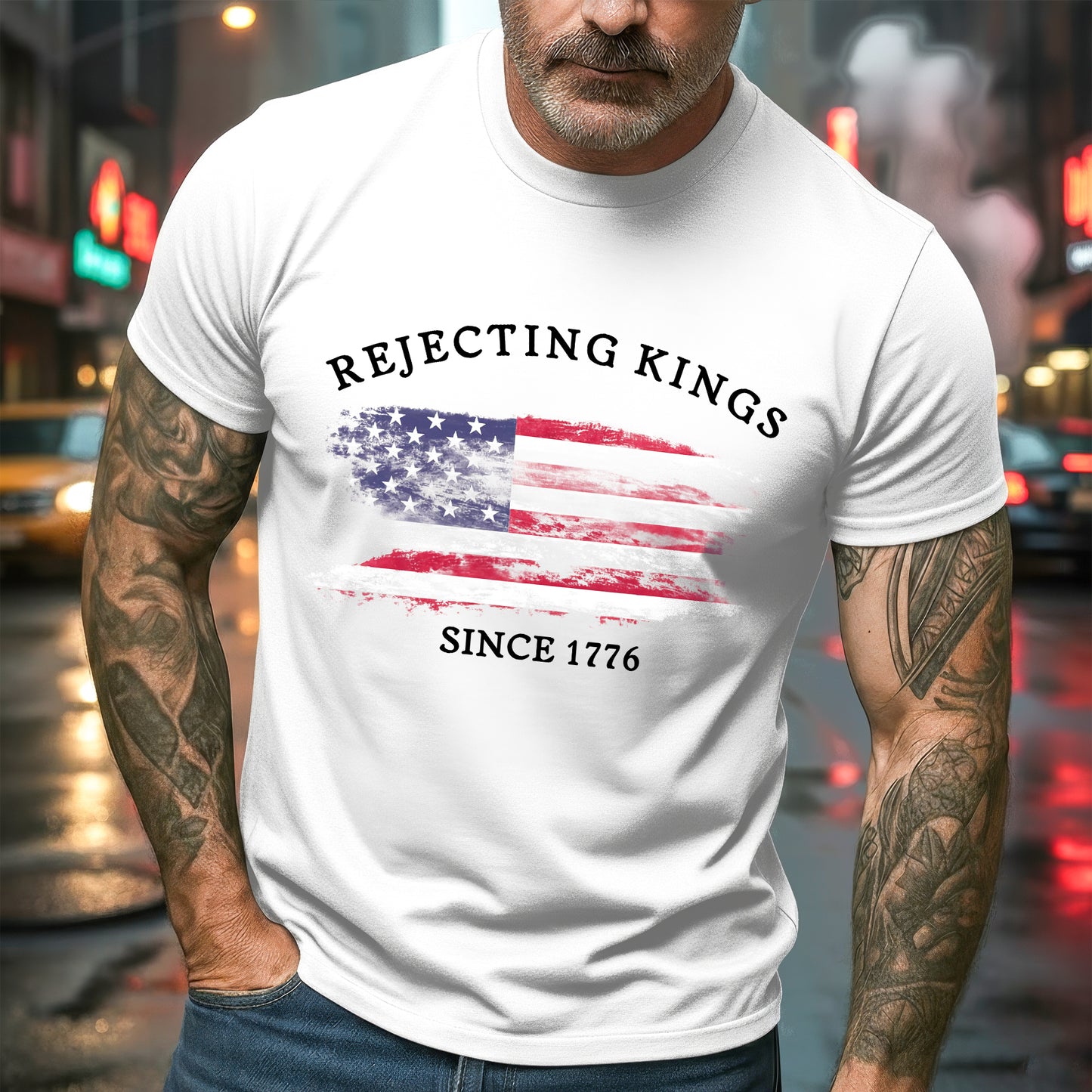 Rejecting Kings Since 1776 Distressed American Flag T-Shirt