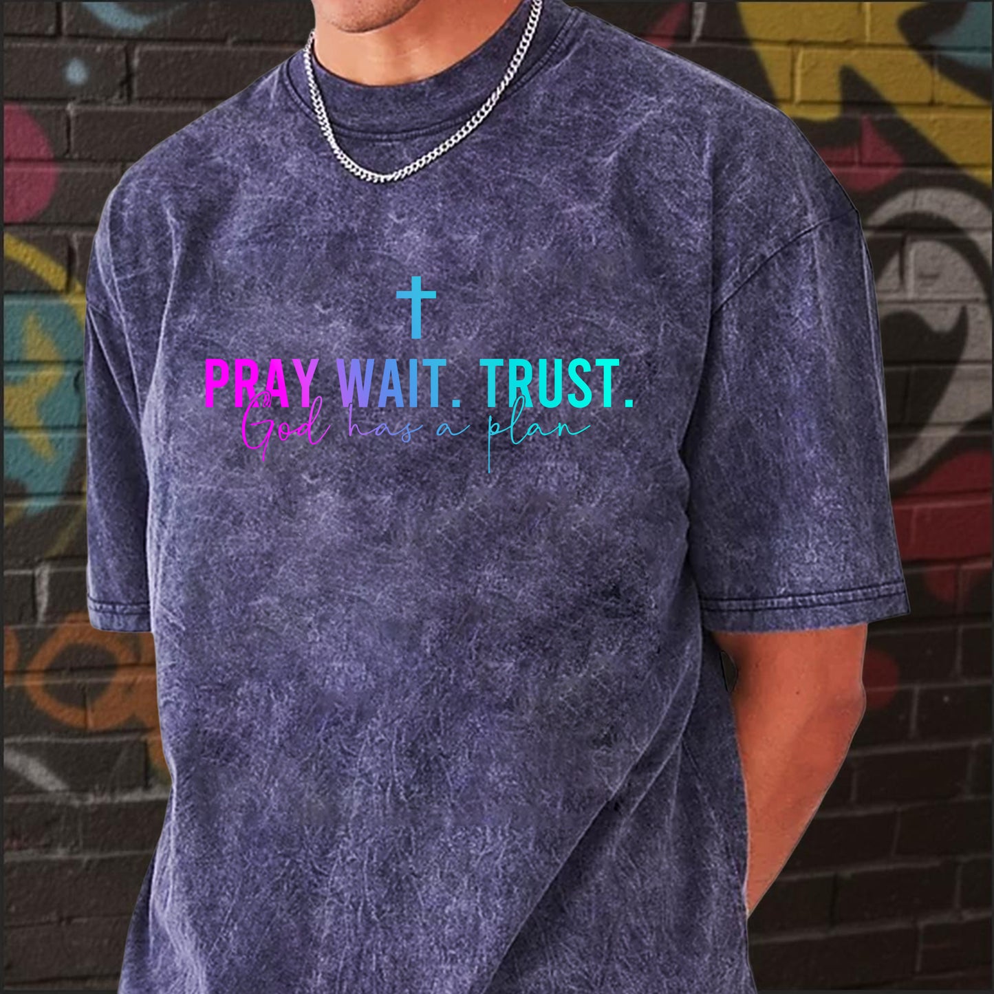 Pray Wait Trust God Has A Plan Unisex Vintage Washed T-Shirt - Divine Timing Faith Declaration