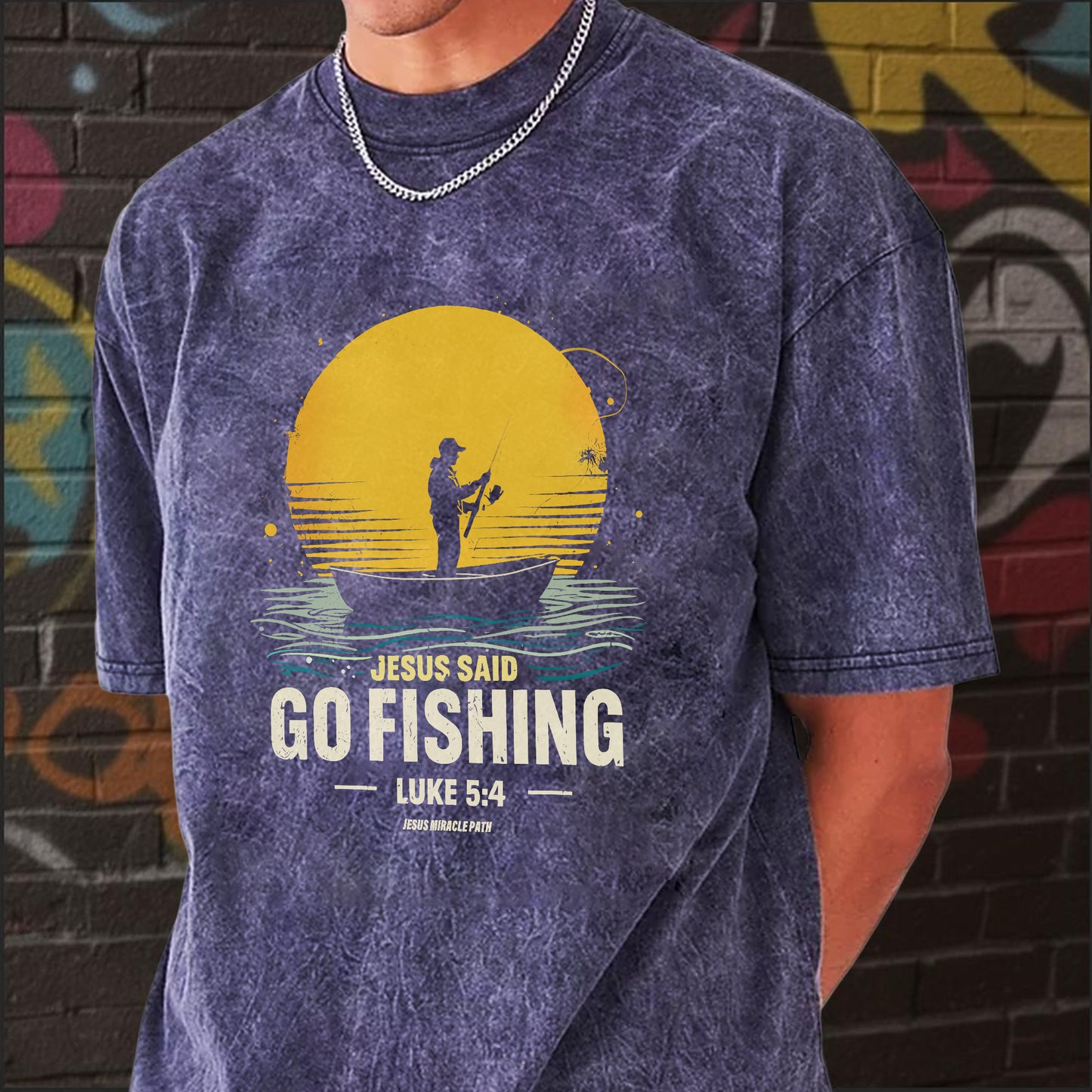 Jesus Said Go Fishing Luke 5:4 Christian Washed 100% Cotton T-Shirt Biblical Fishing Faith Tee