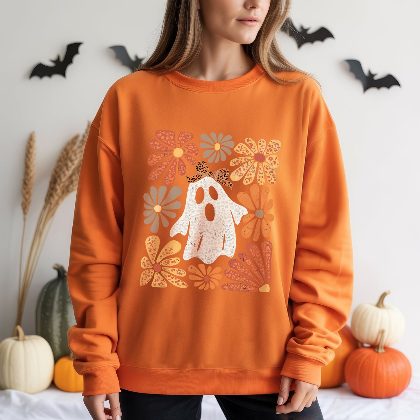 Retro Floral Ghost Leopard Bow Halloween T-Shirt Vintage Autumn Boho Spooky Cute Fall Tee