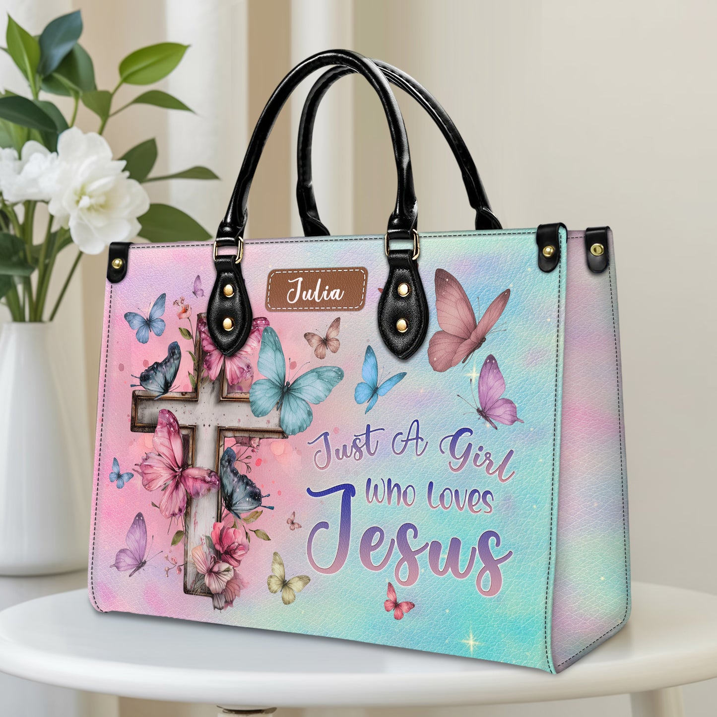 Just A Girl Who Loves Jesus Butterfly Cross Personalized Leather Handbag