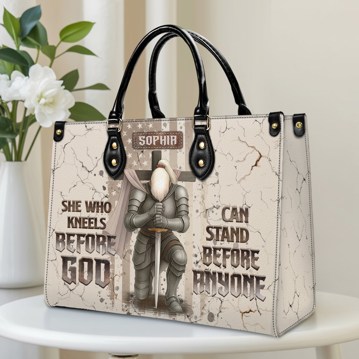 She Who Kneels Before God Can Stand Before Anyone Personalized Leather Handbag