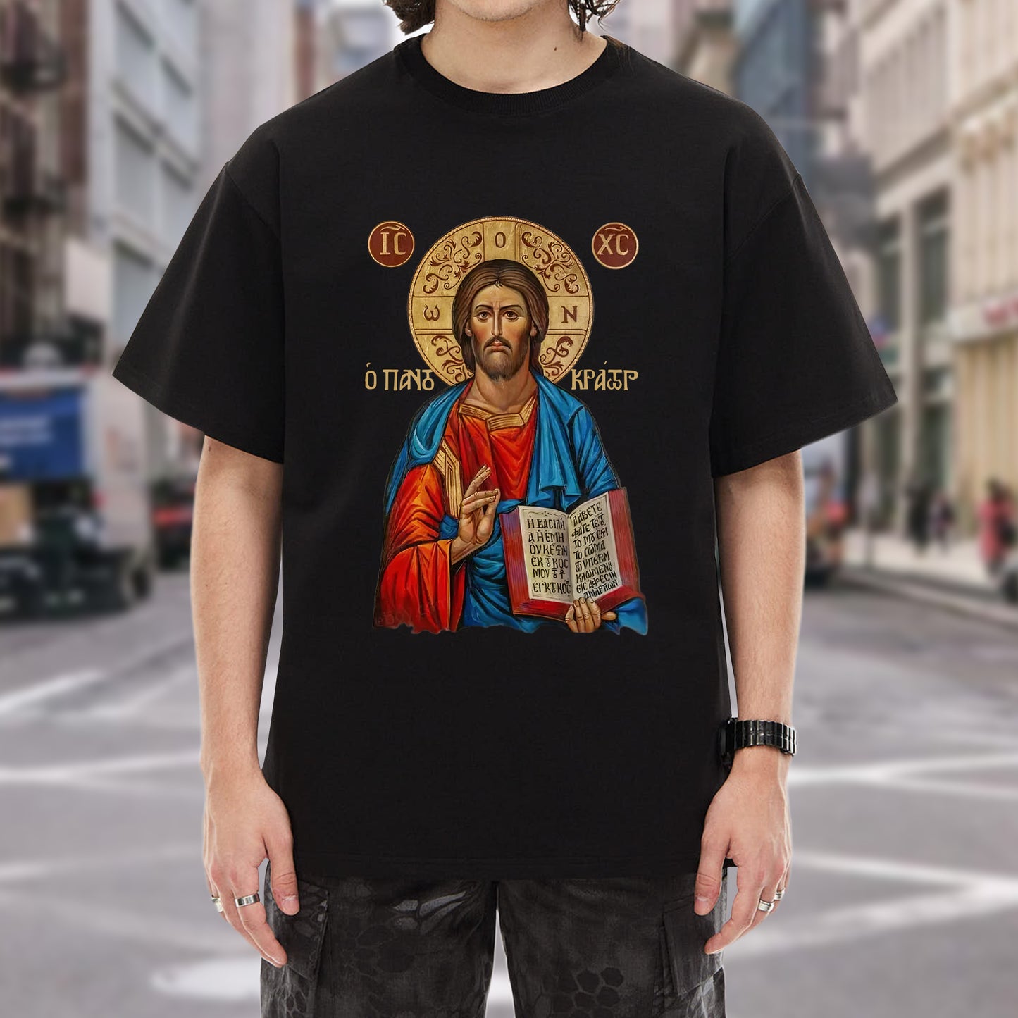 Orthodox Jesus Christ Cyrillic Icon T-Shirt - Russian Slavonic Traditional Sacred Art