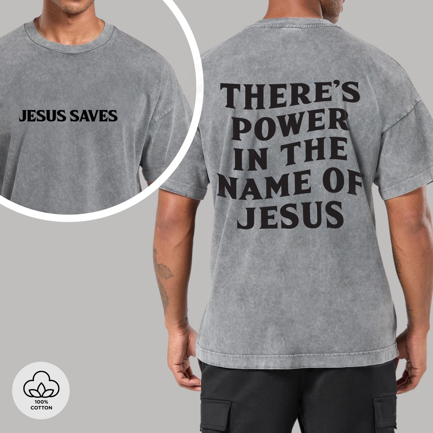 "Jesus Saves / There's Power In The Name Of Jesus" Unisex Vintage Washed Christian T-Shirt Two Sides | Acts 4:12 Salvation Declaration Tee | Faith Guided Life Apparel