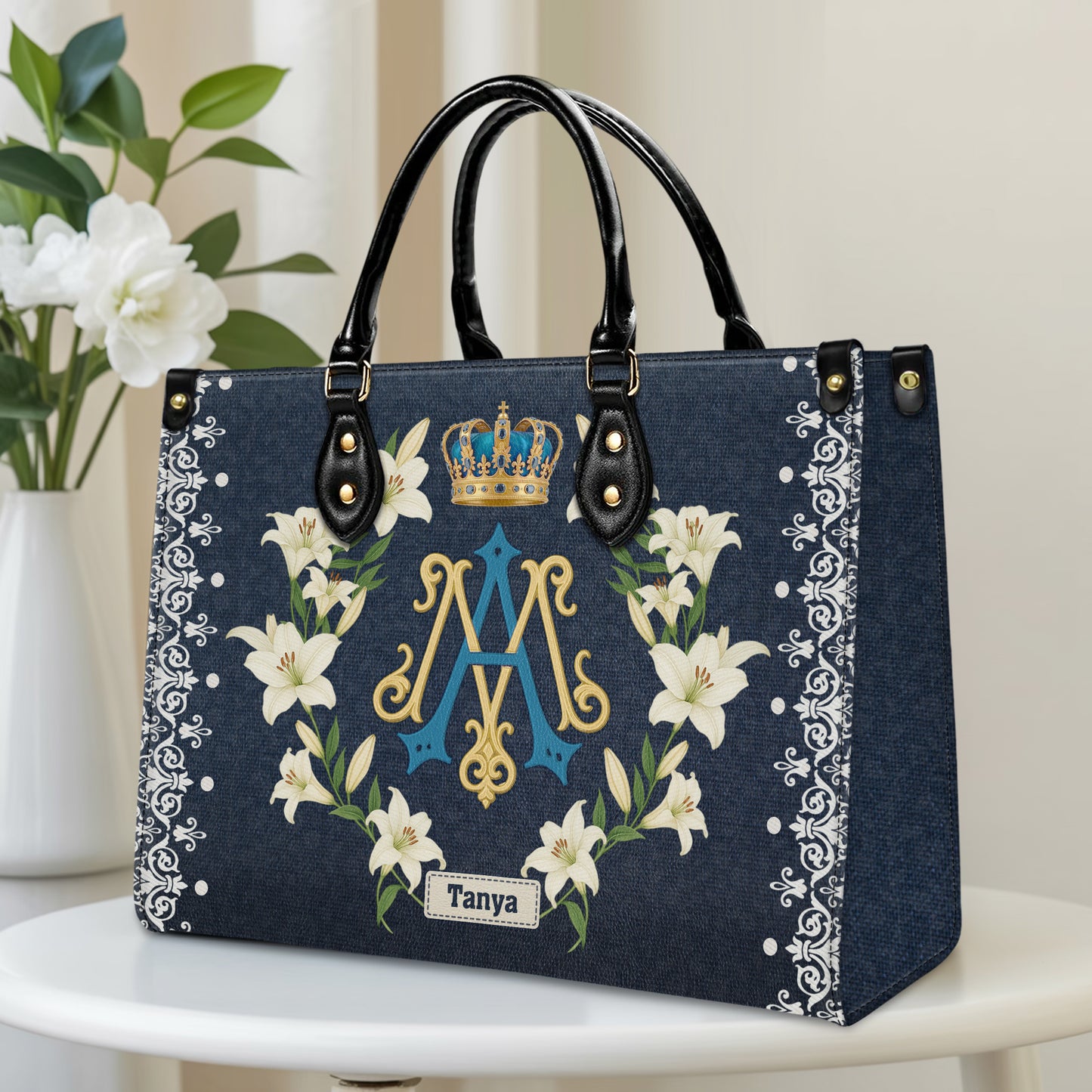 Ave Maria Royal Crown Monogram Personalized Leather Handbag
