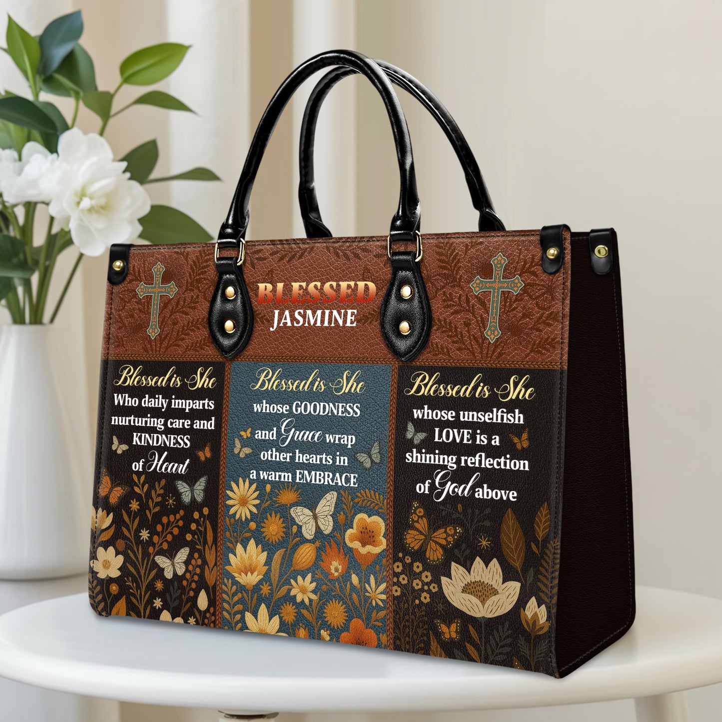 Blessed Is She Kindness Grace Love Personalized Leather Handbag