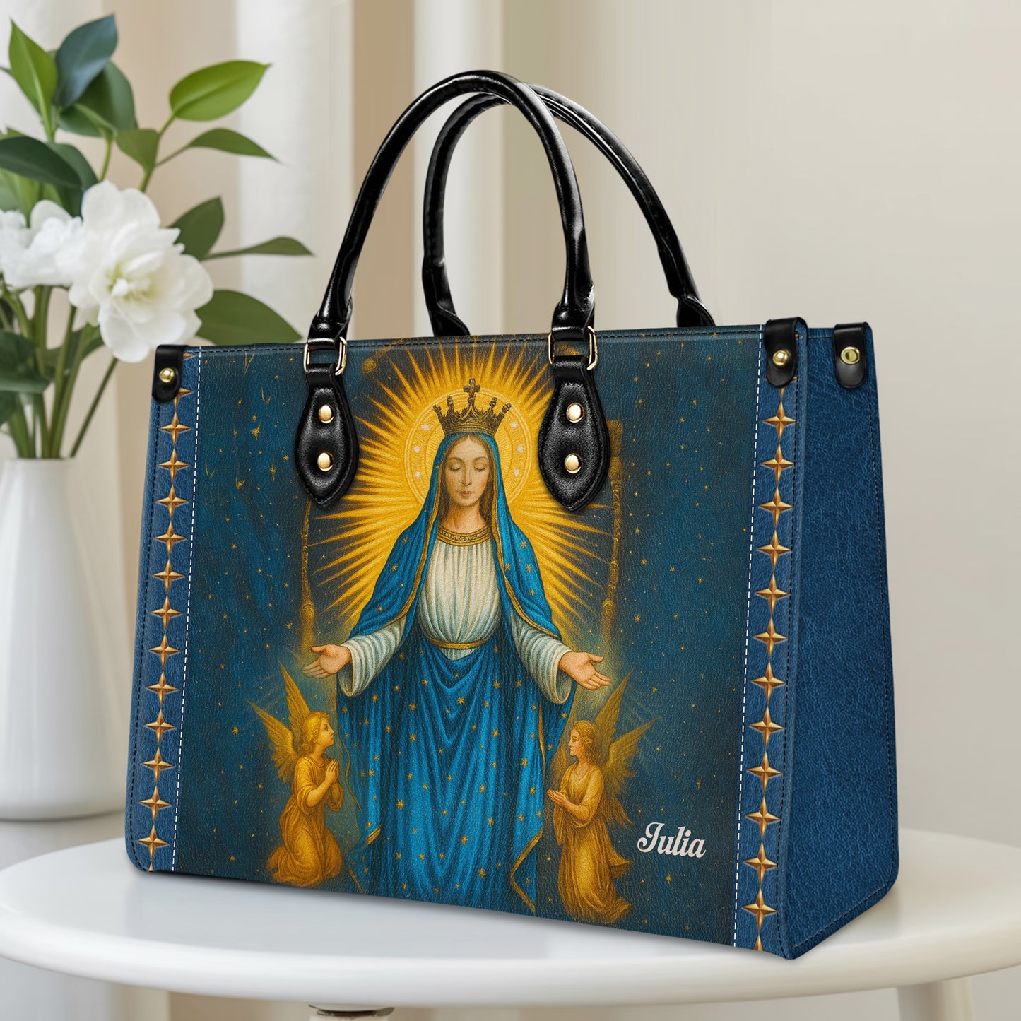Miraculous Medal Blessed Virgin Mary Immaculate Conception Personalized Leather Handbag