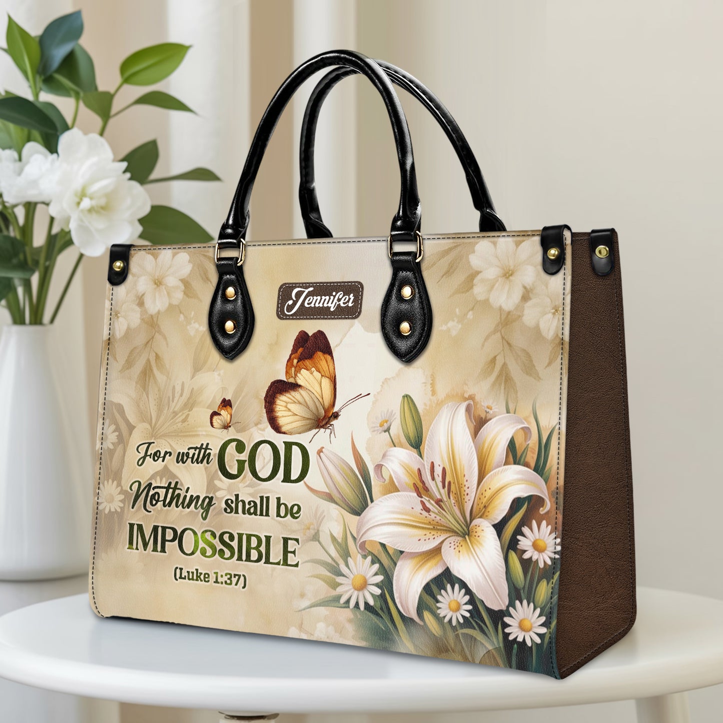 For With God Nothing Shall Be Impossible Luke 1:37 Personalized Leather Handbag