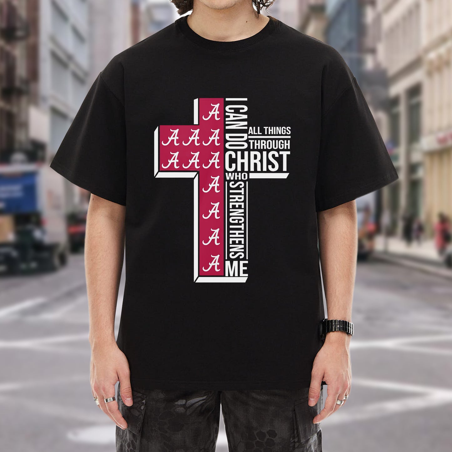 Alabama Cross I Can Do All Things Through Christ T-Shirt - Crimson Tide Faith Declaration