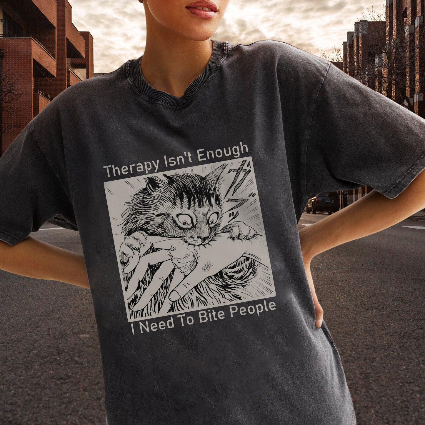Therapy Isn't Enough I Need To Bite People Unisex Vintage Washed T-Shirt - Dark Humor Mental Health Declaration
