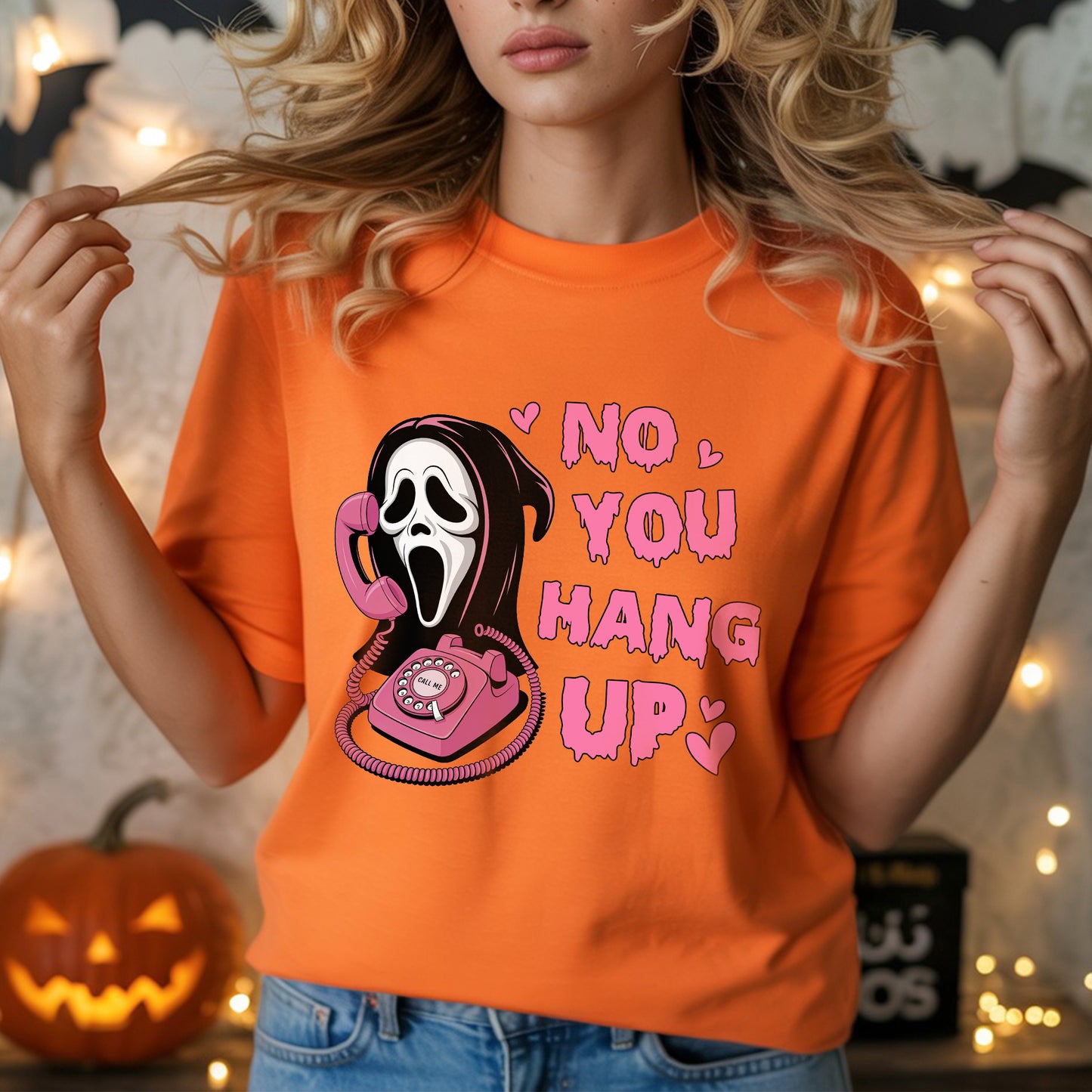 No You Hang Up Ghostface Pink Phone Halloween T-Shirt Scream Movie Horror Romance Tee