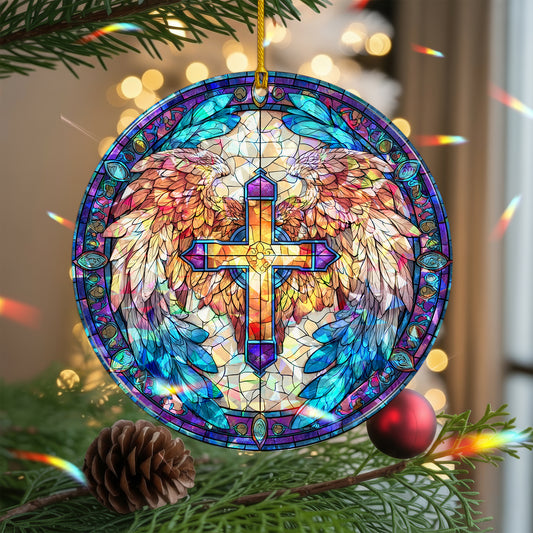 Stained Glass Angel Wing Cross Holographic Ornament | Symbol of Hope & Victory | Christian Keepsake