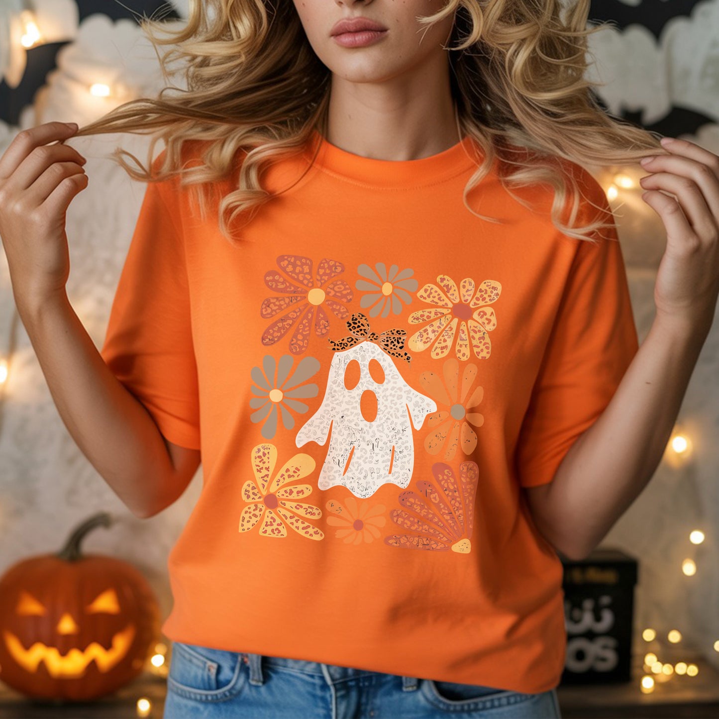 Retro Floral Ghost Leopard Bow Halloween T-Shirt Vintage Autumn Boho Spooky Cute Fall Tee