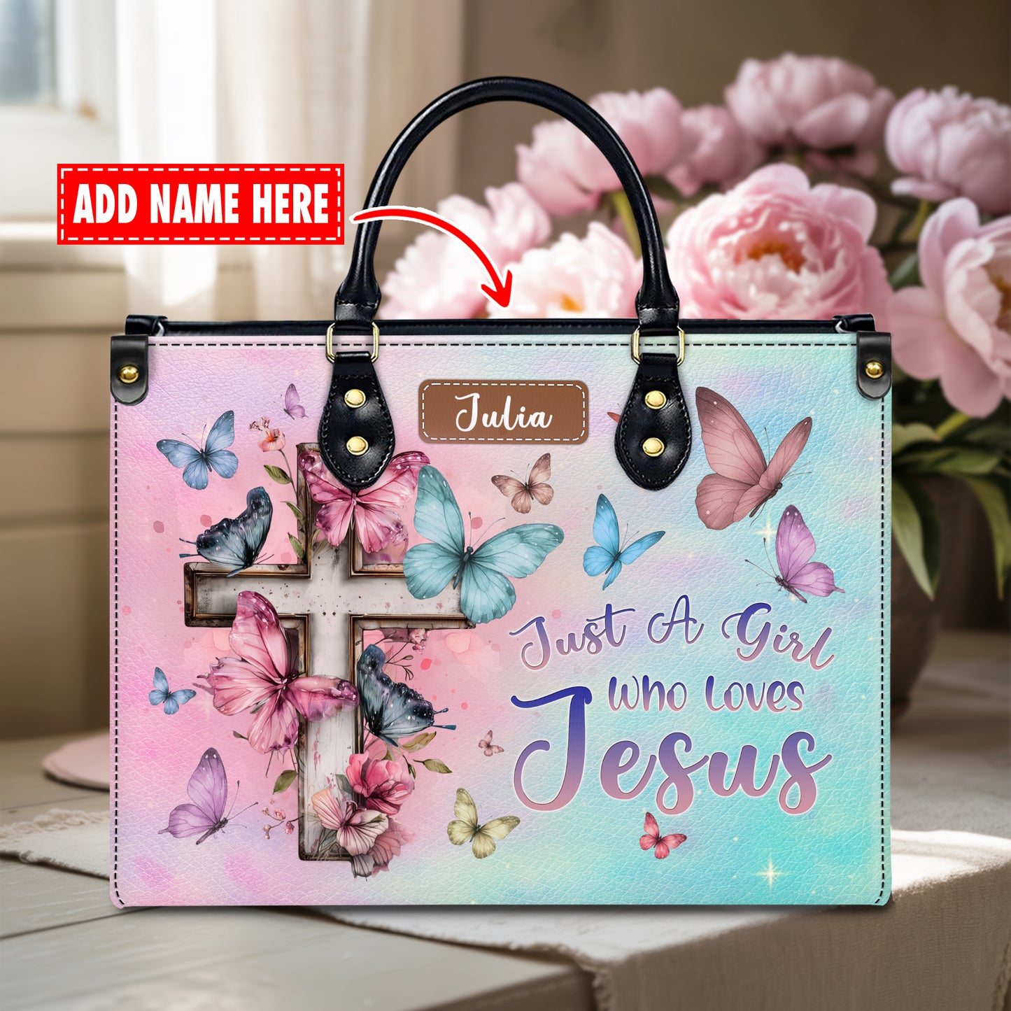 Just A Girl Who Loves Jesus Butterfly Cross Personalized Leather Handbag