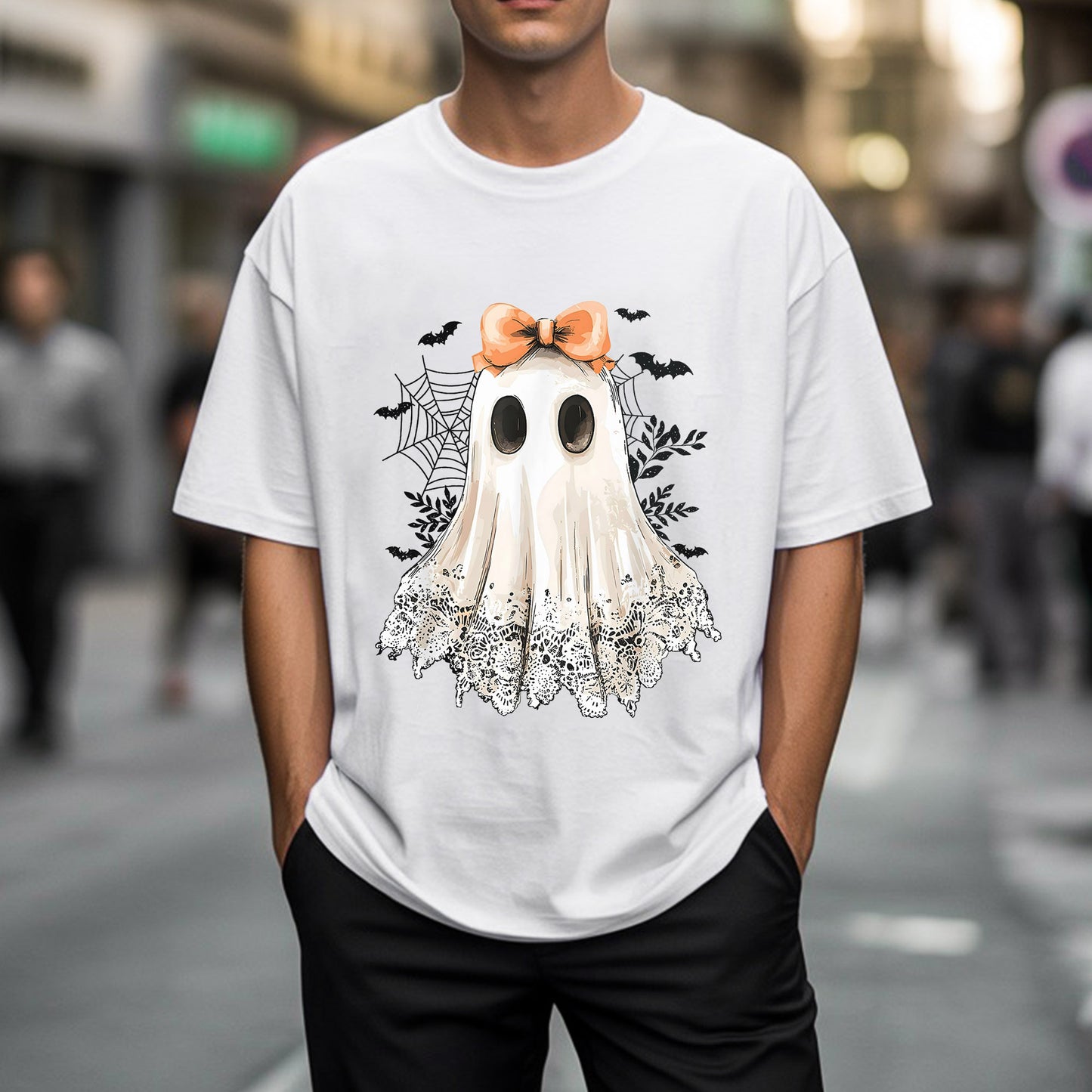 Cute Halloween Ghost with Bow T-Shirt - Adorable Spooky Spirit