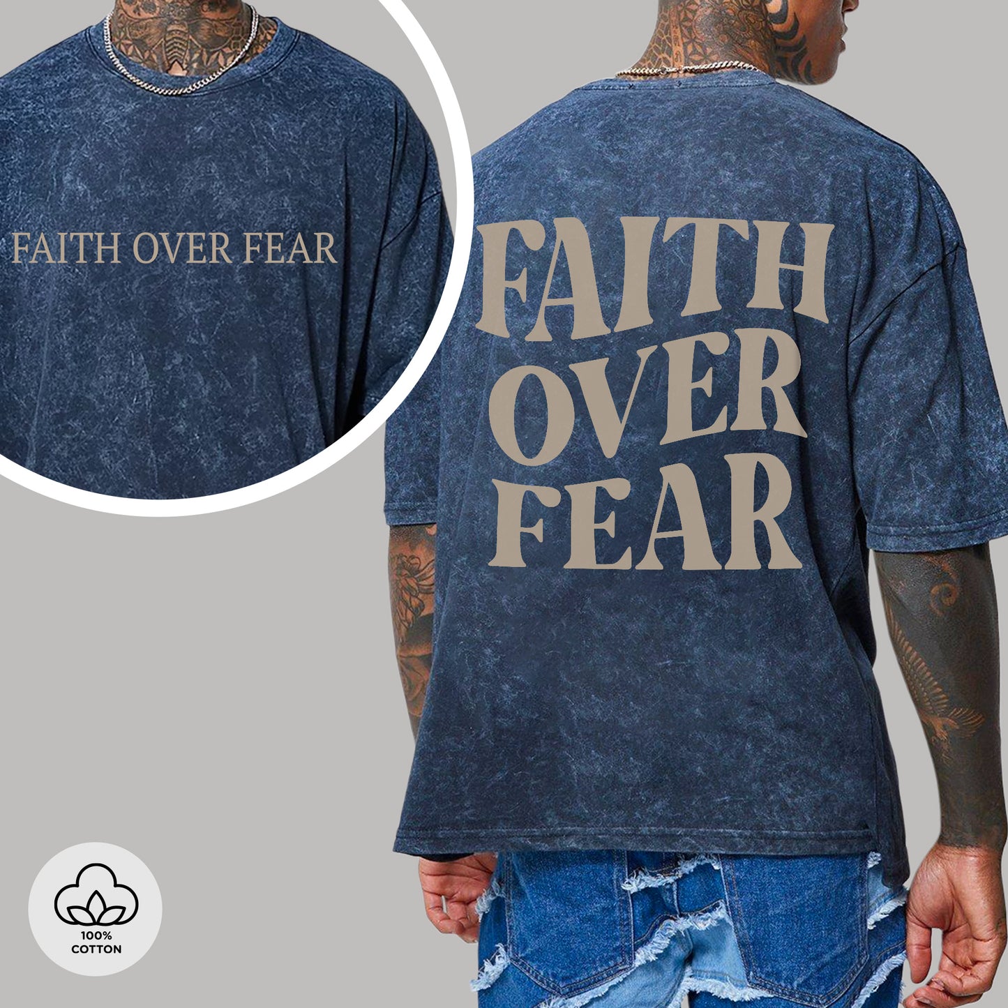 "Faith Over Fear" Unisex Vintage Washed Christian T-Shirt Two Sides | 2 Timothy 1:7 Bold Declaration Tee | Faith Guided Life Apparel