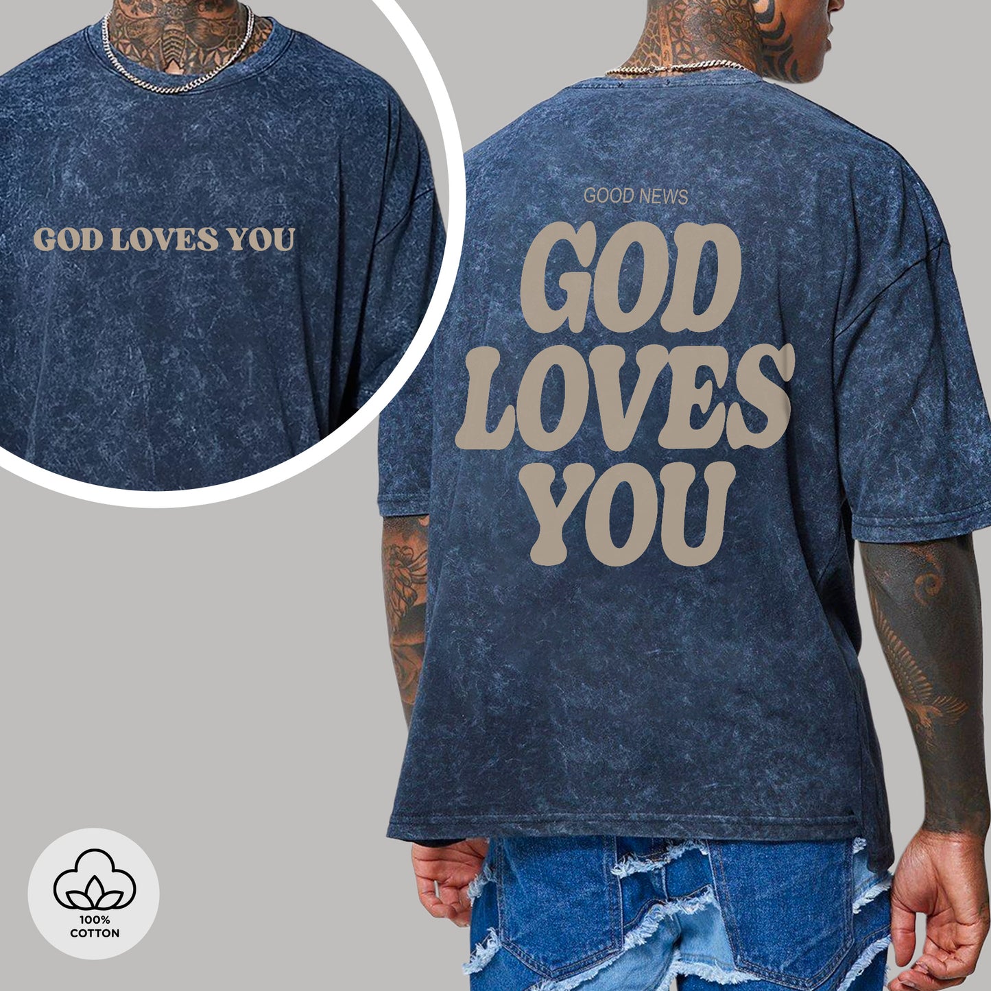 "God Loves You" Unisex Vintage Washed Christian T-Shirt Two Sides | John 3:16 Good News Declaration Tee | Faith Guided Life Apparel