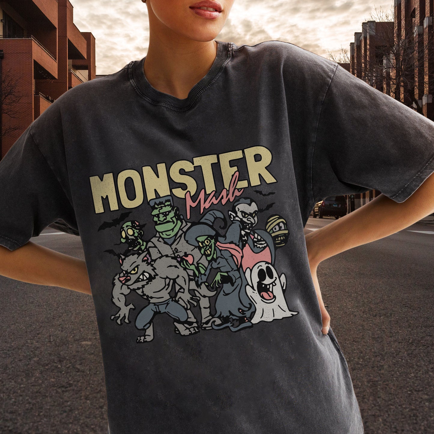 Monster Mash Vintage Washed 100% Cotton Halloween T-Shirt Classic Horror Characters Retro Tee