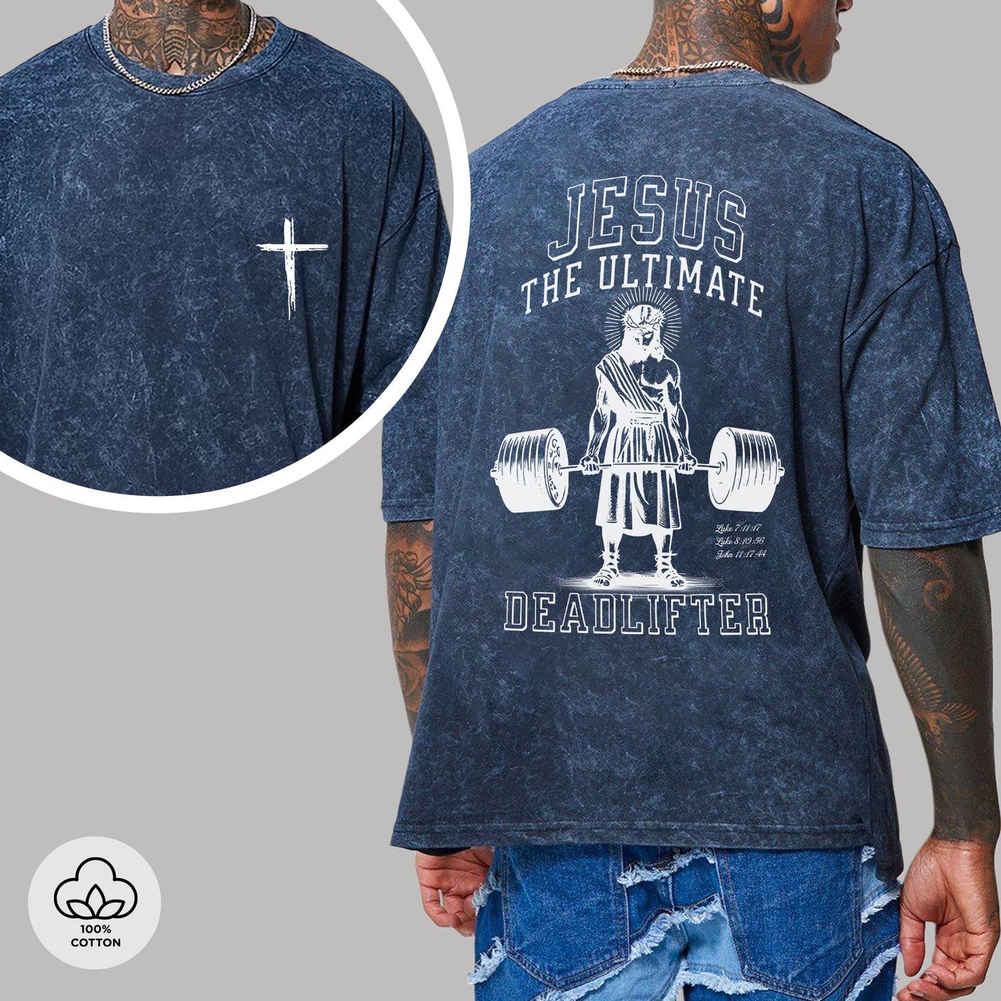 "Jesus The Ultimate Deadlifter" Unisex Vintage Washed Christian T-Shirt Two Sides | Matthew 11:28 Burden Bearer Tee | Faith Guided Life Apparel