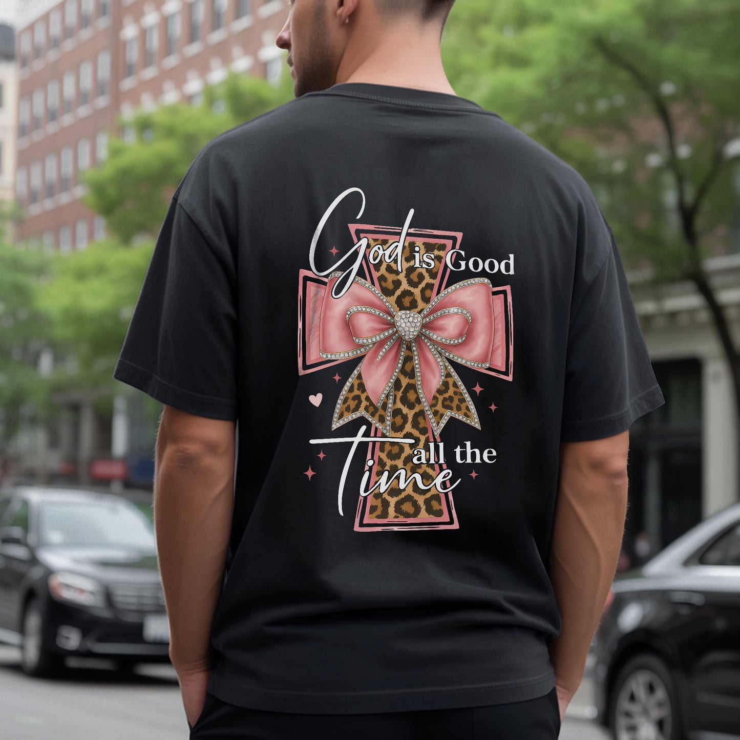 God is Good all the Time" Leopard Cross Bow Christian T-Shirt Two Sides | Faith Guided Life Apparel