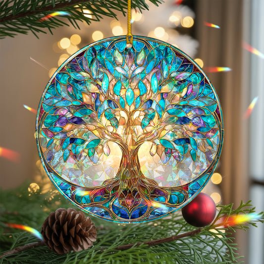 Vibrant Tree of Life Stained Glass Holographic Christmas Ornament | Symbol of Growth & Family | Colorful Holiday Keepsake