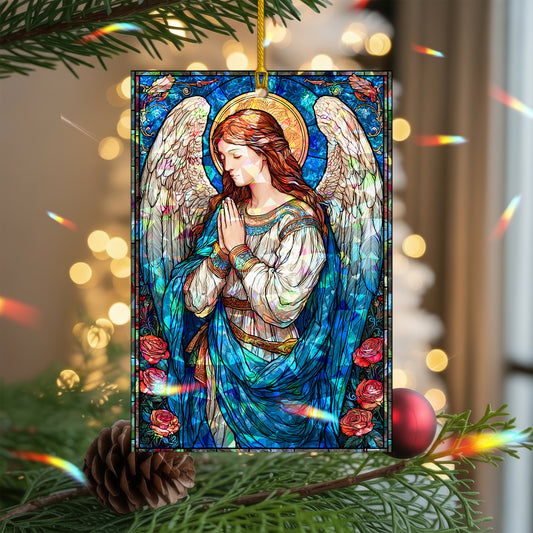 Stained Glass Angel Holographic Christmas Ornament | Serene Angel of Peace | Religious Christian Keepsake