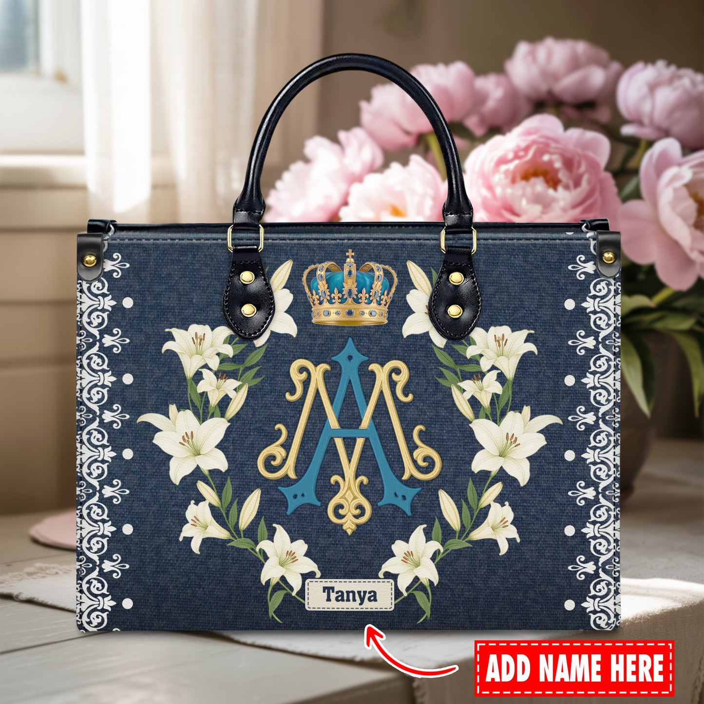 Ave Maria Royal Crown Monogram Personalized Leather Handbag