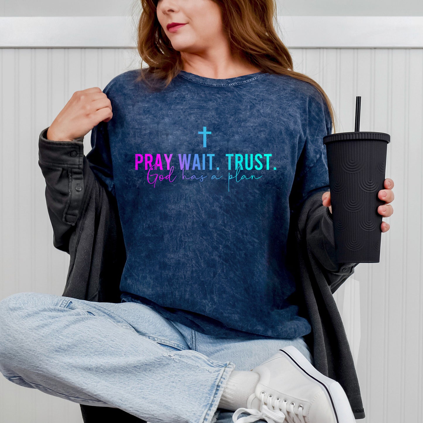Pray Wait Trust God Has A Plan Unisex Vintage Washed T-Shirt - Divine Timing Faith Declaration