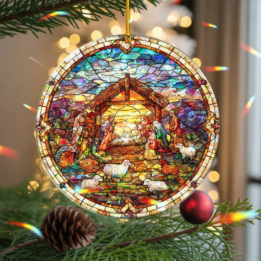 Stained Glass Nativity Scene Holographic Christmas Ornament | Full Manger Scene | Religious Christian Keepsake
