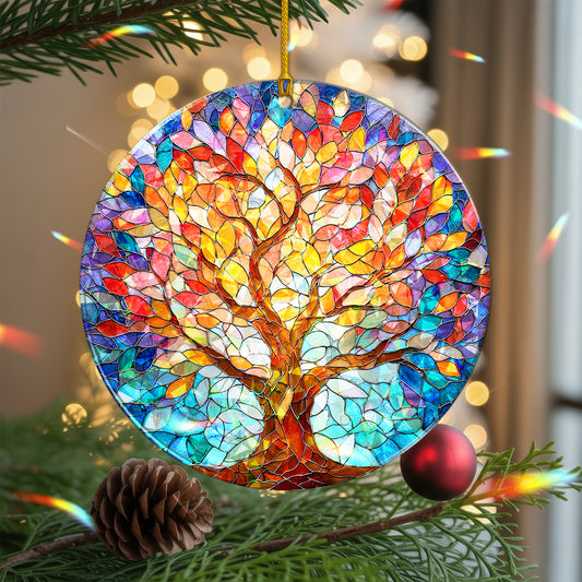 Vibrant Tree of Life Stained Glass Holographic Christmas Ornament | Symbol of Growth & Family | Colorful Holiday Keepsake